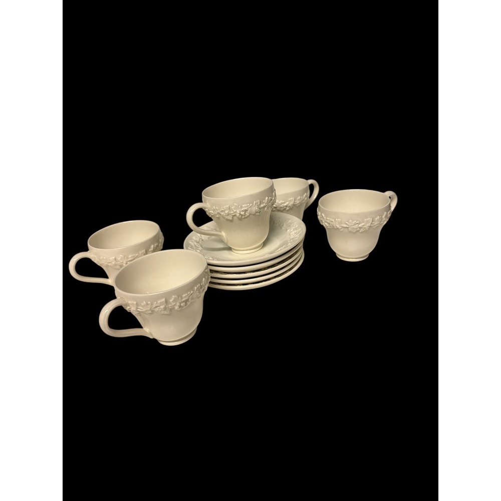 Wedgwood Etruria QueensWare Embossed Floral Teacup Saucer Set of 5 Cream White